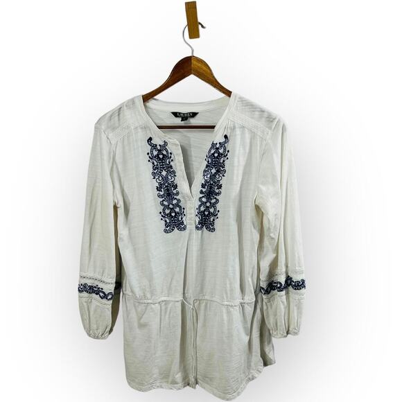 Lauren Ralph Lauren Tunic Top White Blue Embroidered Boho Peasant Blouse Size PL - Picture 3 of 10